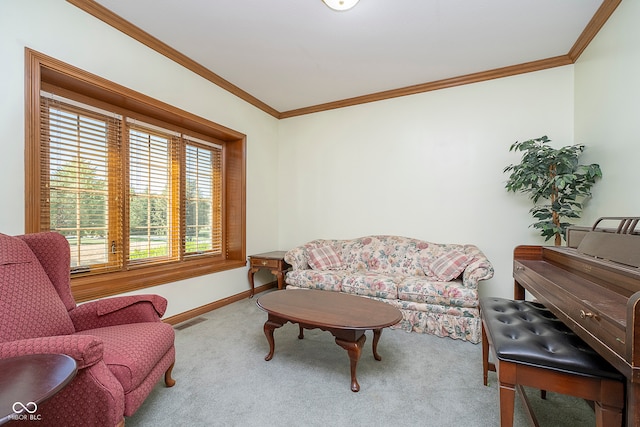 living room with light carpet and crown molding