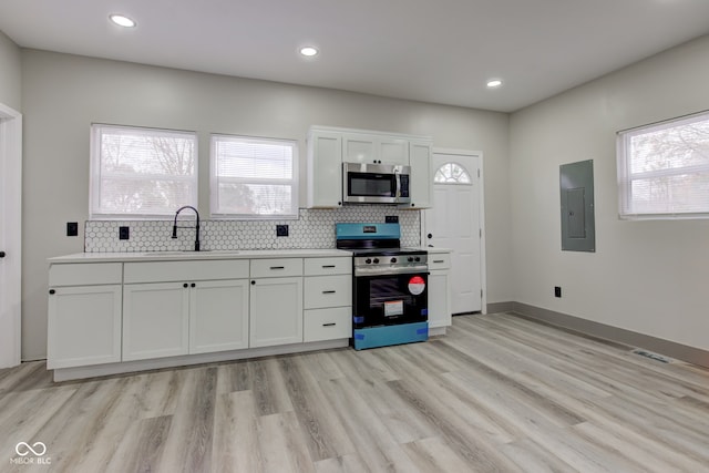 kitchen featuring electric panel, appliances with stainless steel finishes, decorative backsplash, white cabinets, and light hardwood / wood-style flooring