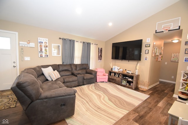 living room with lofted ceiling and dark wood-type flooring