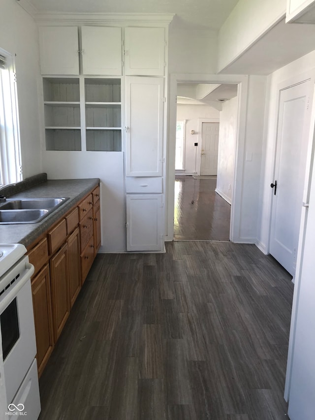 kitchen featuring sink, dark wood-type flooring, white electric stove, and a healthy amount of sunlight