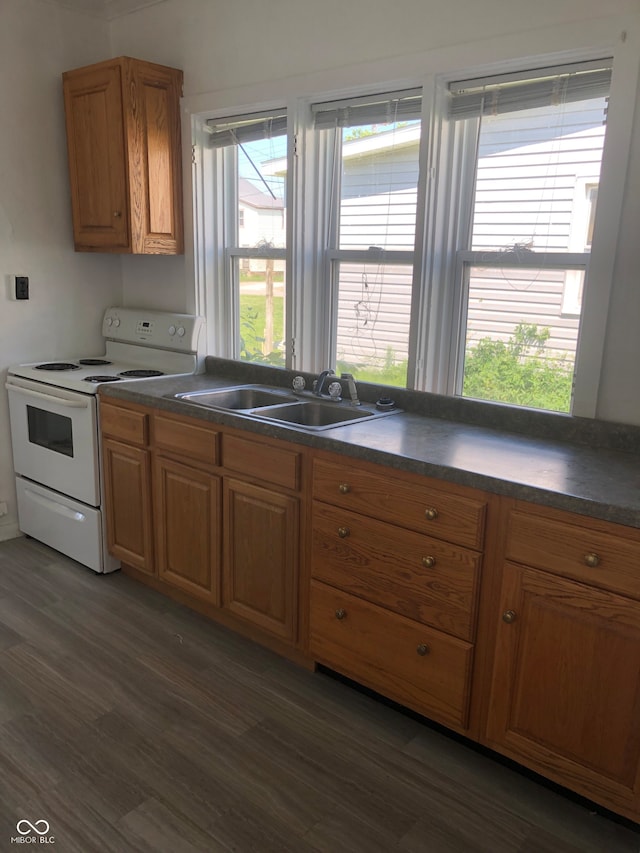 kitchen with white electric range, sink, and dark wood-type flooring