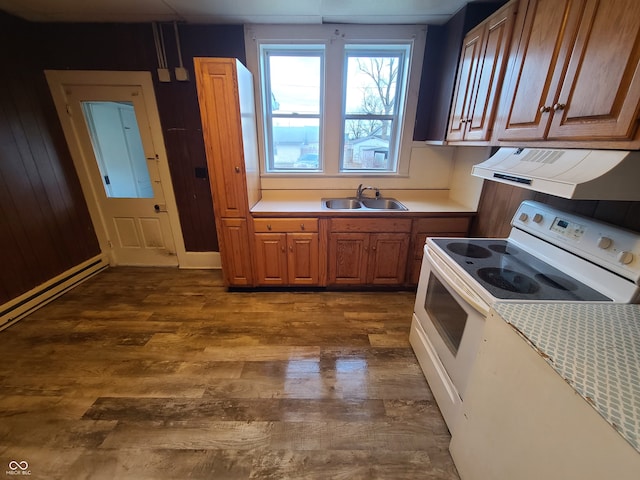 kitchen with white electric range, sink, dark wood-type flooring, and extractor fan