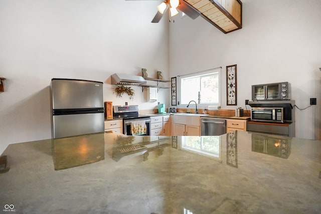 kitchen with light brown cabinets, a high ceiling, sink, ceiling fan, and appliances with stainless steel finishes