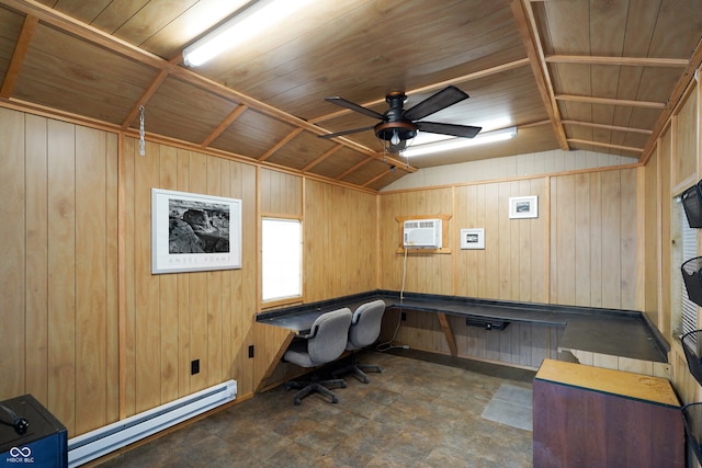 unfurnished office featuring built in desk, wooden ceiling, baseboard heating, and lofted ceiling