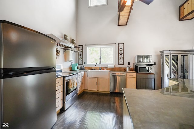 kitchen with sink, dark wood-type flooring, a towering ceiling, exhaust hood, and appliances with stainless steel finishes