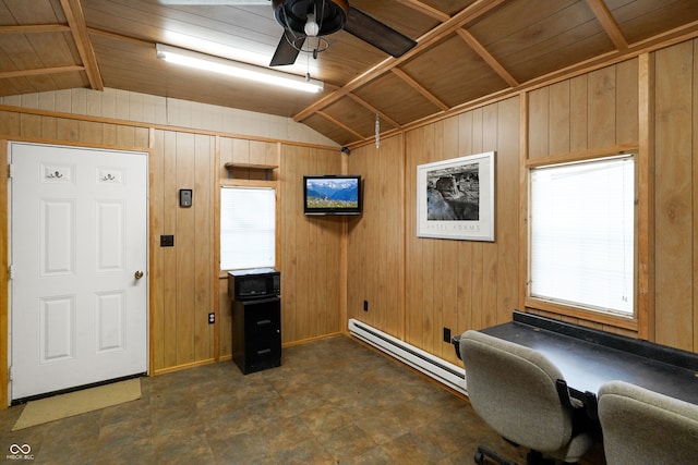 unfurnished office featuring wood walls, lofted ceiling, and wood ceiling