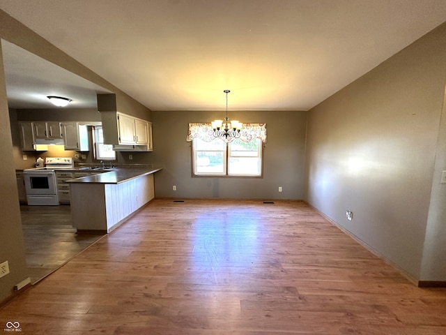 kitchen featuring kitchen peninsula, a chandelier, white range with electric stovetop, and hardwood / wood-style flooring