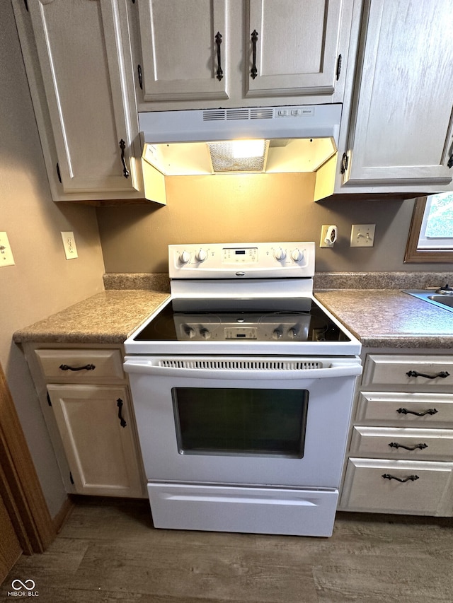 kitchen with exhaust hood, dark hardwood / wood-style floors, and white electric range