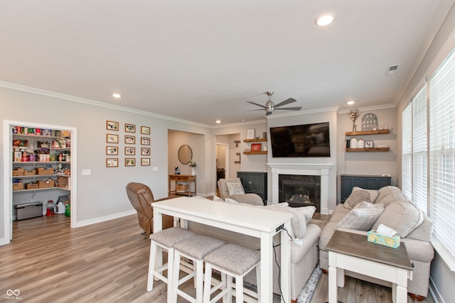 living room featuring ornamental molding, ceiling fan, light hardwood / wood-style flooring, and a baseboard radiator