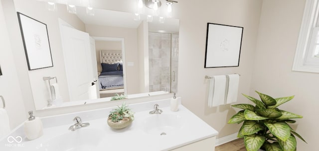 bathroom with walk in shower and vanity