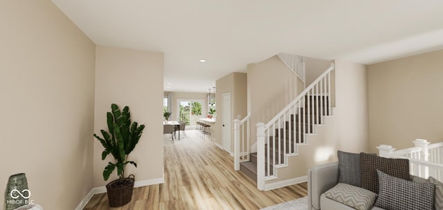 stairway featuring hardwood / wood-style flooring