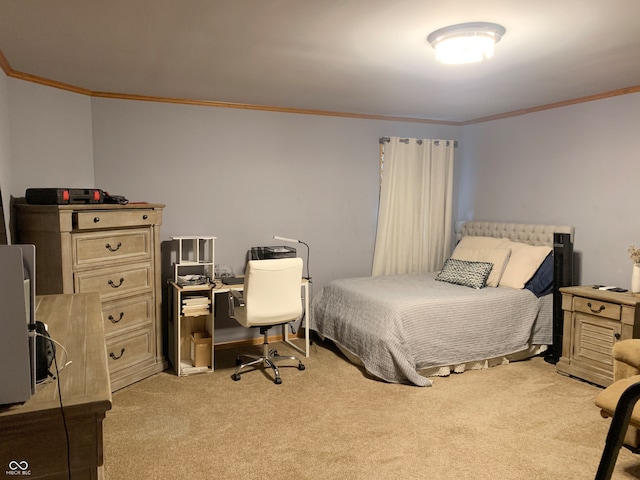 carpeted bedroom featuring crown molding