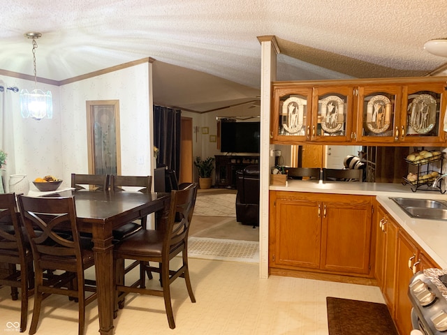 interior space featuring hanging light fixtures, sink, a textured ceiling, range, and vaulted ceiling