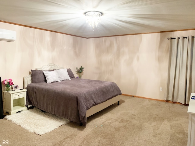 bedroom featuring light colored carpet, a wall mounted air conditioner, and crown molding