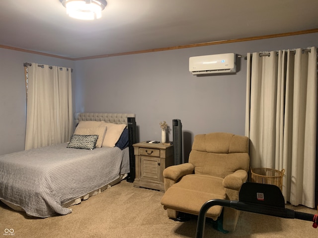 carpeted bedroom with ornamental molding and an AC wall unit