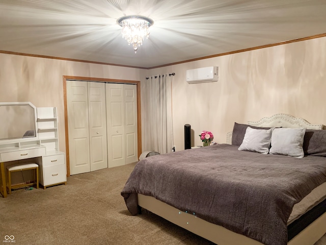 bedroom with ornamental molding, a chandelier, a closet, carpet floors, and a wall unit AC