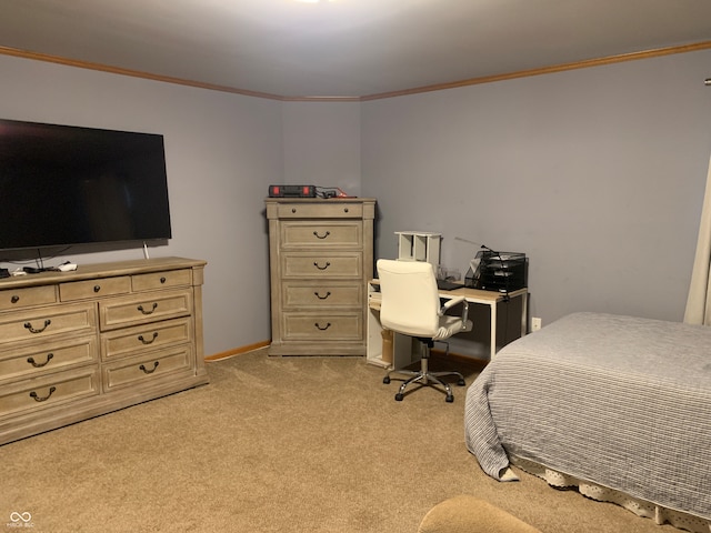 carpeted bedroom featuring crown molding