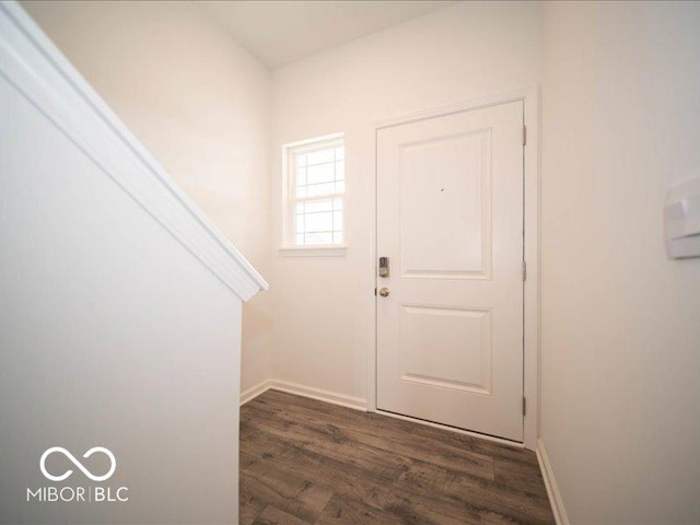 foyer featuring baseboards and dark wood-style flooring