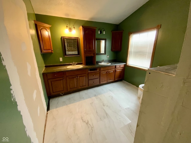 bathroom with vaulted ceiling, toilet, and vanity