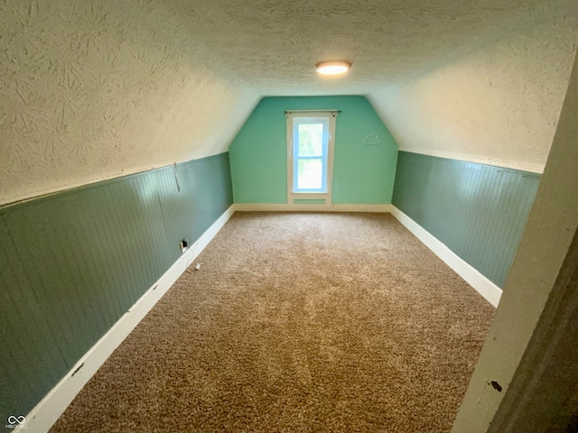 additional living space with lofted ceiling, a textured ceiling, and carpet flooring