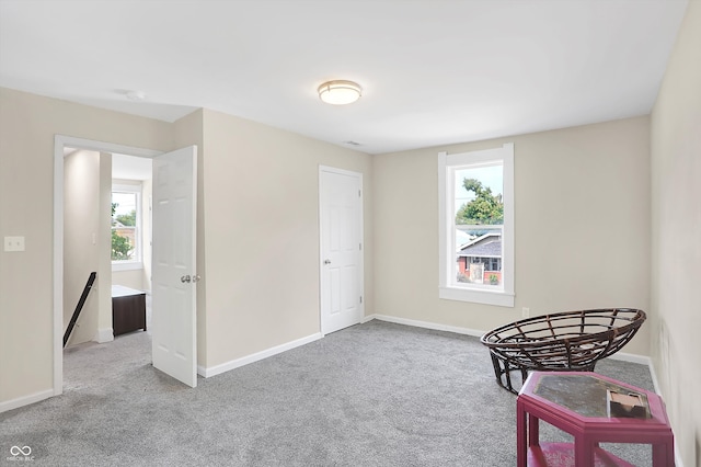 living area featuring light colored carpet