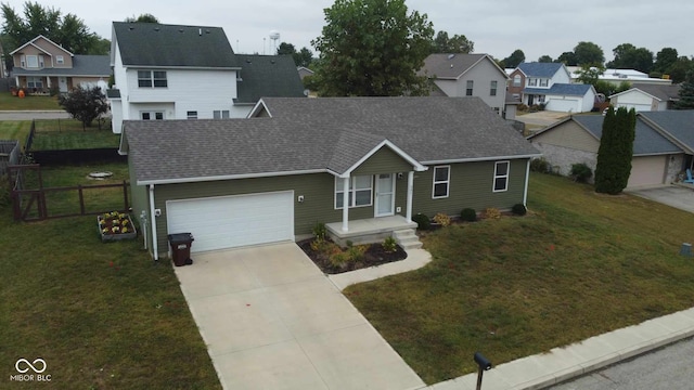 single story home with fence, roof with shingles, concrete driveway, an attached garage, and a residential view