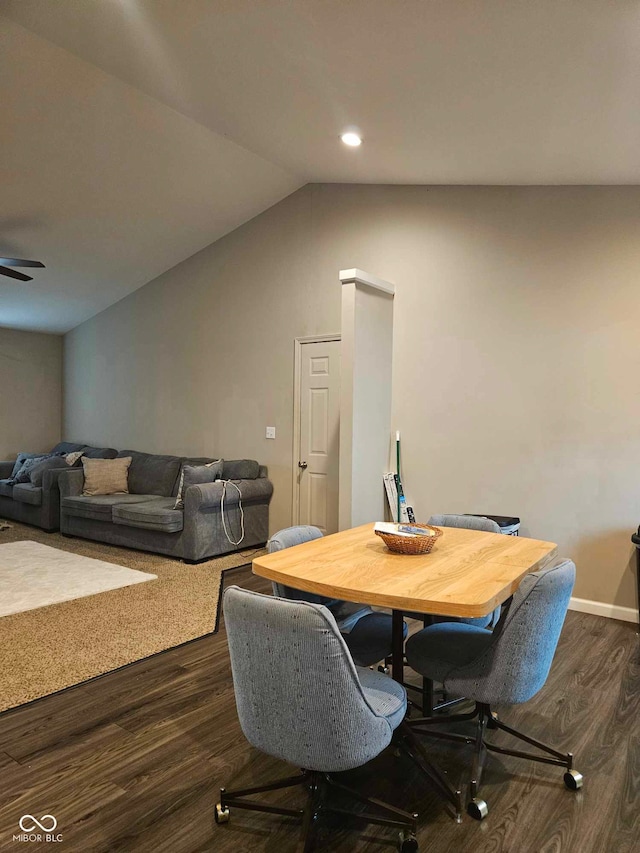 dining space featuring recessed lighting, baseboards, lofted ceiling, and dark wood-style floors