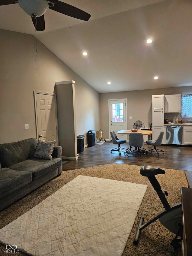 living room with a ceiling fan, dark wood-style flooring, baseboards, lofted ceiling, and recessed lighting
