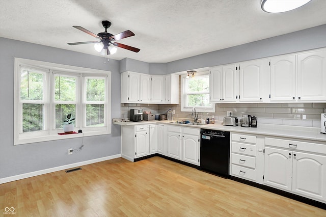2747 E Midland Rd, Indianapolis, IN 46227 - kitchen featuring black dishwasher, a sink, baseboards, ceiling fan, and light wood-style floors
