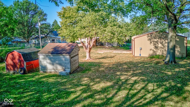 view of yard featuring a storage unit