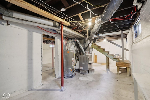 3005 Broadway St, Indianapolis, IN 46205 - unfinished basement featuring water heater, stairs, and heating unit