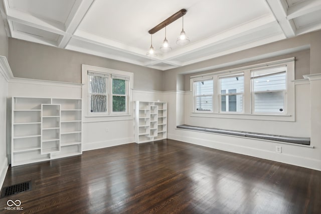 unfurnished living room with coffered ceiling, beamed ceiling, and dark wood-type flooring