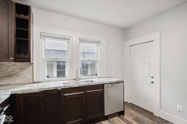 kitchen featuring dark hardwood / wood-style floors, tasteful backsplash, sink, dark brown cabinetry, and stainless steel dishwasher