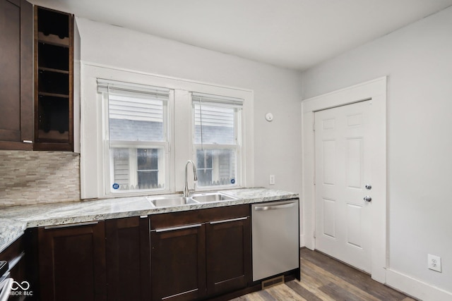 3005 Broadway St, Indianapolis, IN 46205 - kitchen with dark wood-style flooring, decorative backsplash, stainless steel dishwasher, a sink, and dark brown cabinets