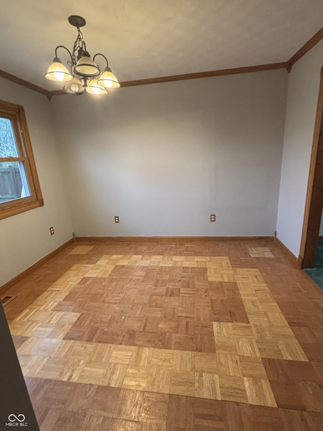 8855 N Waverly Park Rd, Martinsville, IN 46151 - empty room with baseboards, ornamental molding, and an inviting chandelier