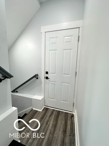 entryway featuring vaulted ceiling and dark hardwood / wood-style floors