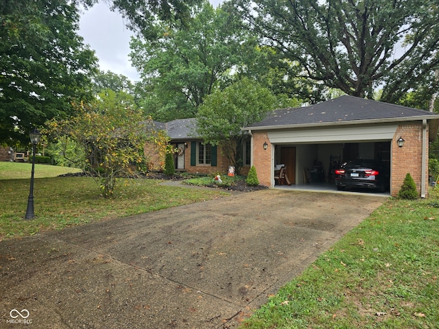 ranch-style house with a front yard and a garage