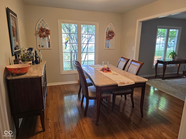 dining space with dark hardwood / wood-style floors