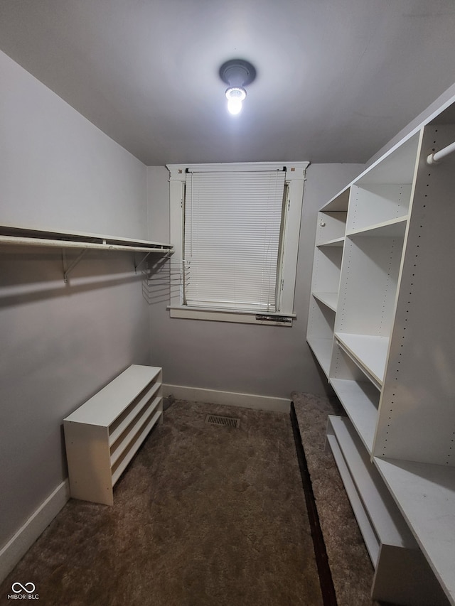 walk in closet with dark colored carpet