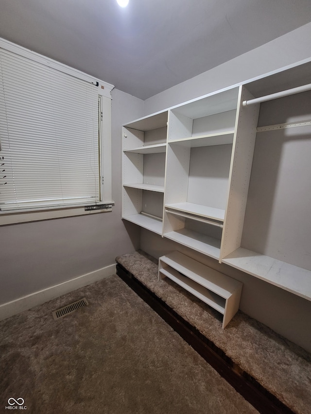 walk in closet featuring dark carpet