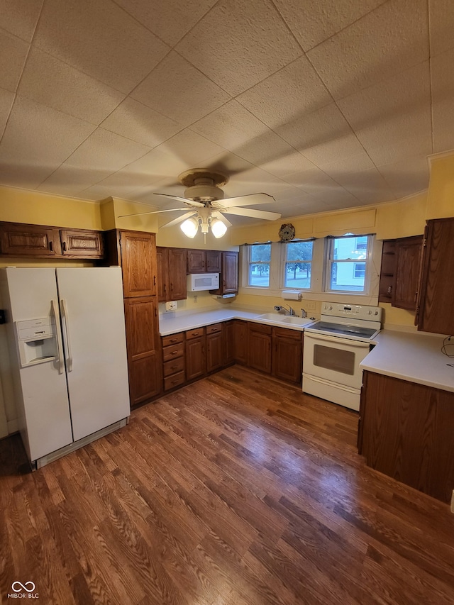 kitchen with white appliances, ceiling fan, dark hardwood / wood-style floors, and sink