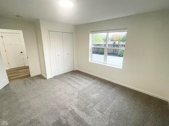 unfurnished bedroom featuring carpet floors and a closet