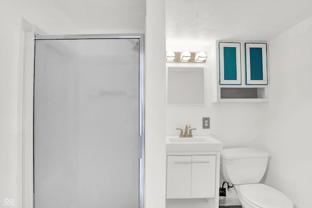 bathroom featuring vanity, a textured ceiling, toilet, and a shower with door