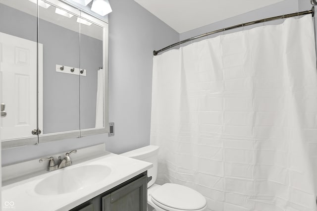 bathroom featuring vanity, toilet, and a shower with shower curtain