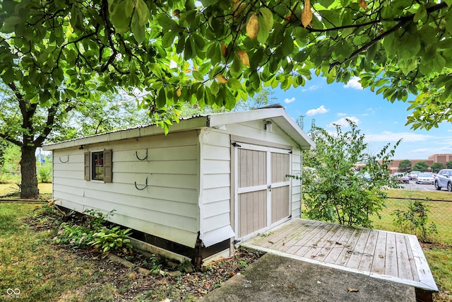 exterior space with a shed