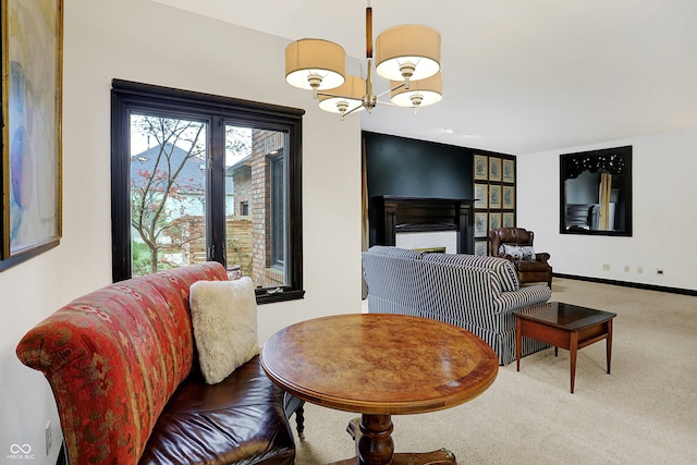 carpeted dining room with an inviting chandelier