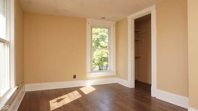 unfurnished bedroom featuring a walk in closet, dark hardwood / wood-style floors, and a closet