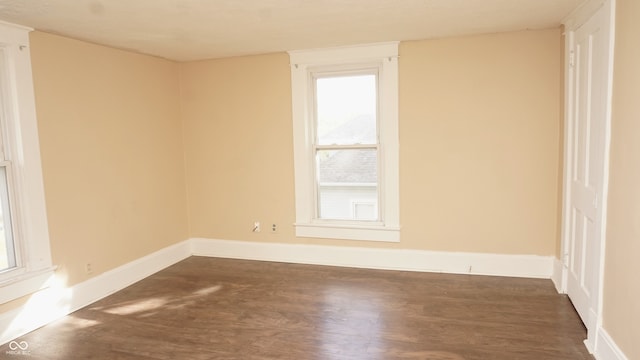 unfurnished room with dark wood-type flooring