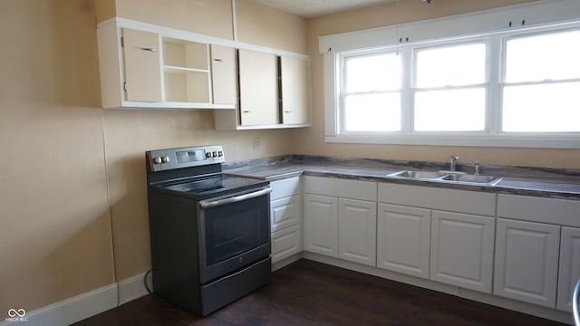 kitchen with sink, stainless steel electric range, dark wood-type flooring, and white cabinets