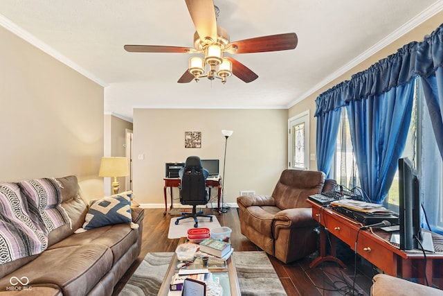 living room with dark wood-type flooring, crown molding, and ceiling fan